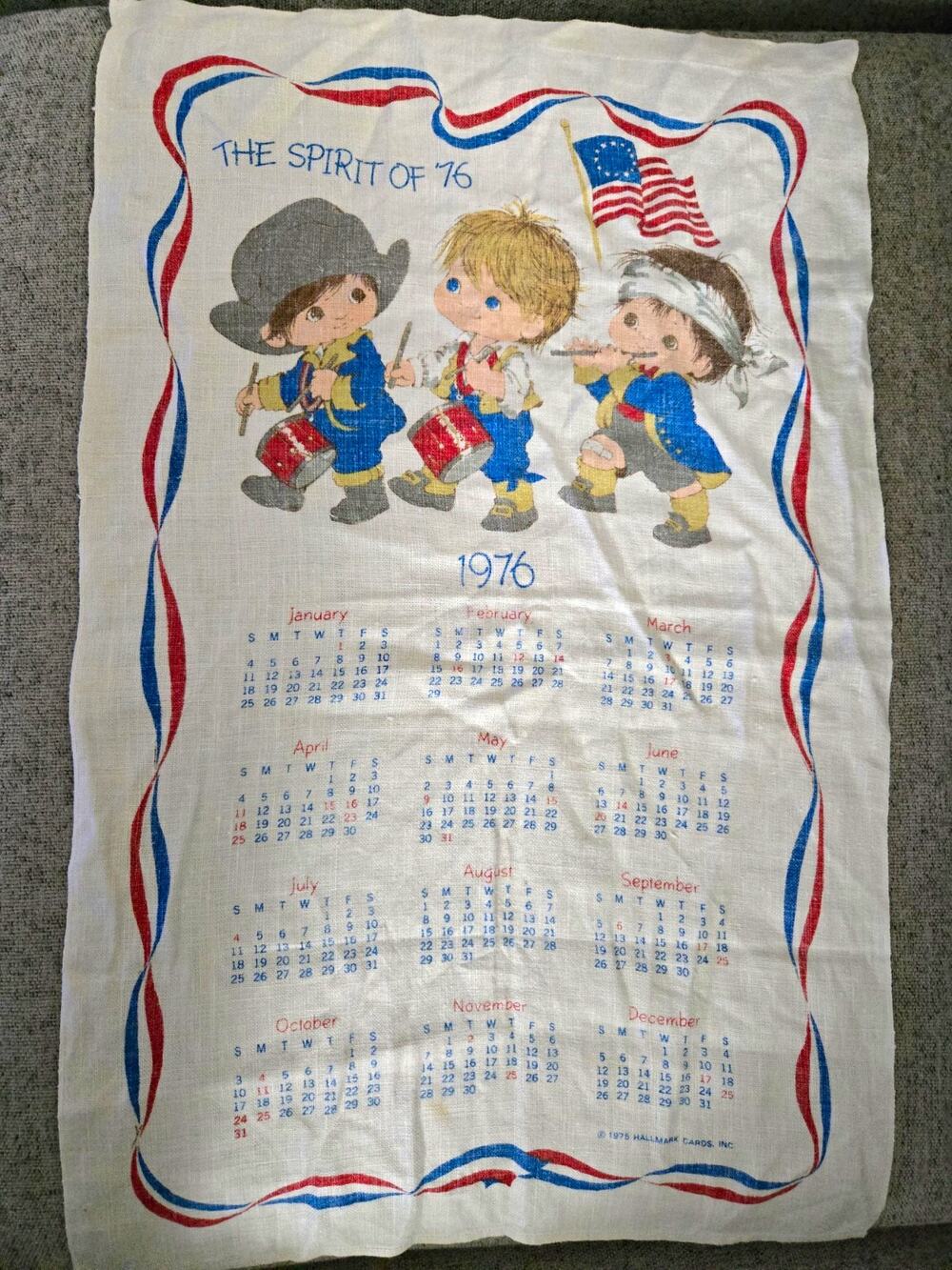 Vintage 1976 Hallmark Spirit of 76 Bicentennial Linen Calendar Tea Towel America